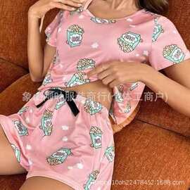 2025跨境热销SHEIN家居服爱心卡通吊带女款睡衣套装混合批发