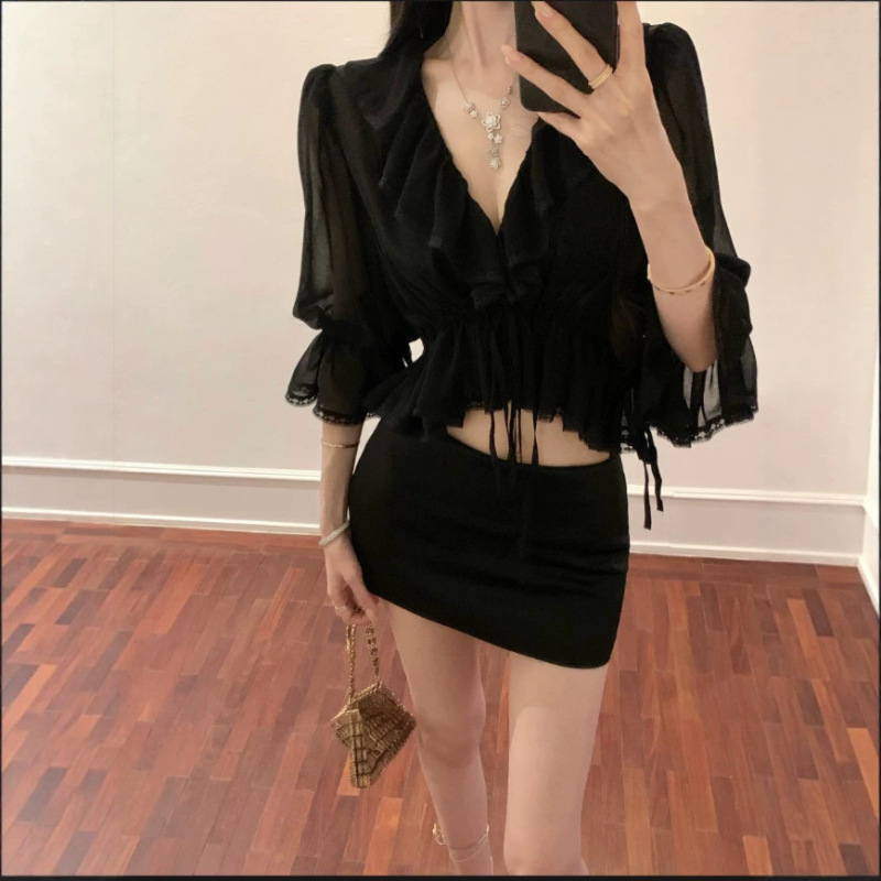 Fbblim【South French Impression】Chl*E Show Style_French Short A-Line Chiffon Shirt with Lace V-Neck Top Fbblim【South French Impression】Chl*E Show Style_French Short A-Line Chiffon Shirt with Lace V-Neck Top