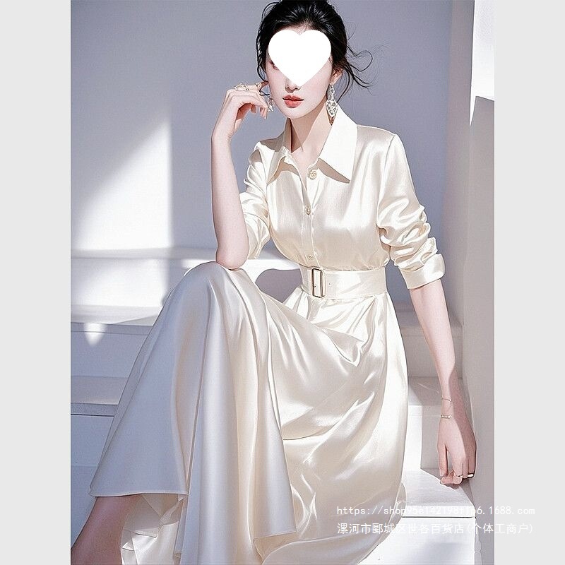 Chanel-style waist-cinching white satin shirt dress for women, 2026 early spring new high-end French professional long dress Chanel-style waist-cinching white satin shirt dress for women, 2026 early spring new high-end French professional long dress
