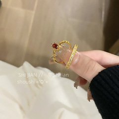復古優雅精緻彩寶紅鑽戒指女簡約鋯石小眾輕奢高級感食指戒配飾