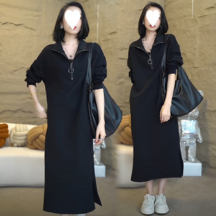 South Korea zipper design dress women's 2025 autumn and winter new stand collar split over knee sweater long skirt