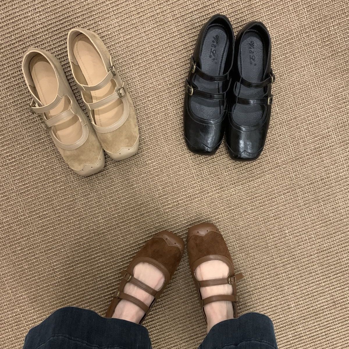 Korean Style Niche Design Flats Mary Jane Shoes for Women, Small Leather Shoes, Autumn and Winter French Retro Double-Button Flats for Women