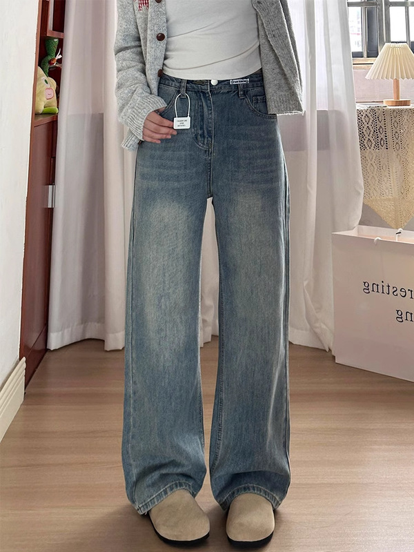 浅蓝色牛仔裤女2025春秋胖mm宽松显瘦高腰直筒梨形粗腿宽胯阔腿裤|undefined