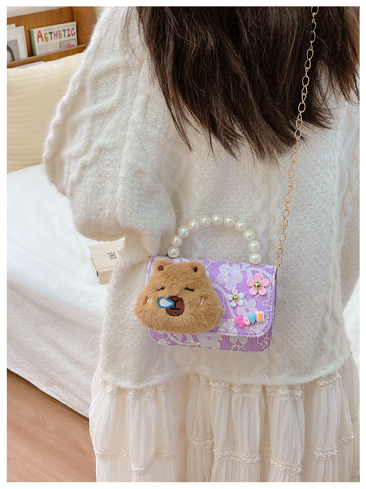 131g Weight Synthetic Leather Lining Material Lace Fashion Element Magnetic Buckle Closure Type Top Handle, Chain Strap Type Crossbody Bag Bags Type Daily Occasion Synthetic Leather, Polyester Material Kids Backpack Backpack Capybara Pattern All Seasons Season Kid'S Gender Cute Style Square Shape Kid'S Synthetic Leather Polyester Capybara Cute Lace Square Magnetic Buckle Crossbody Bag 5