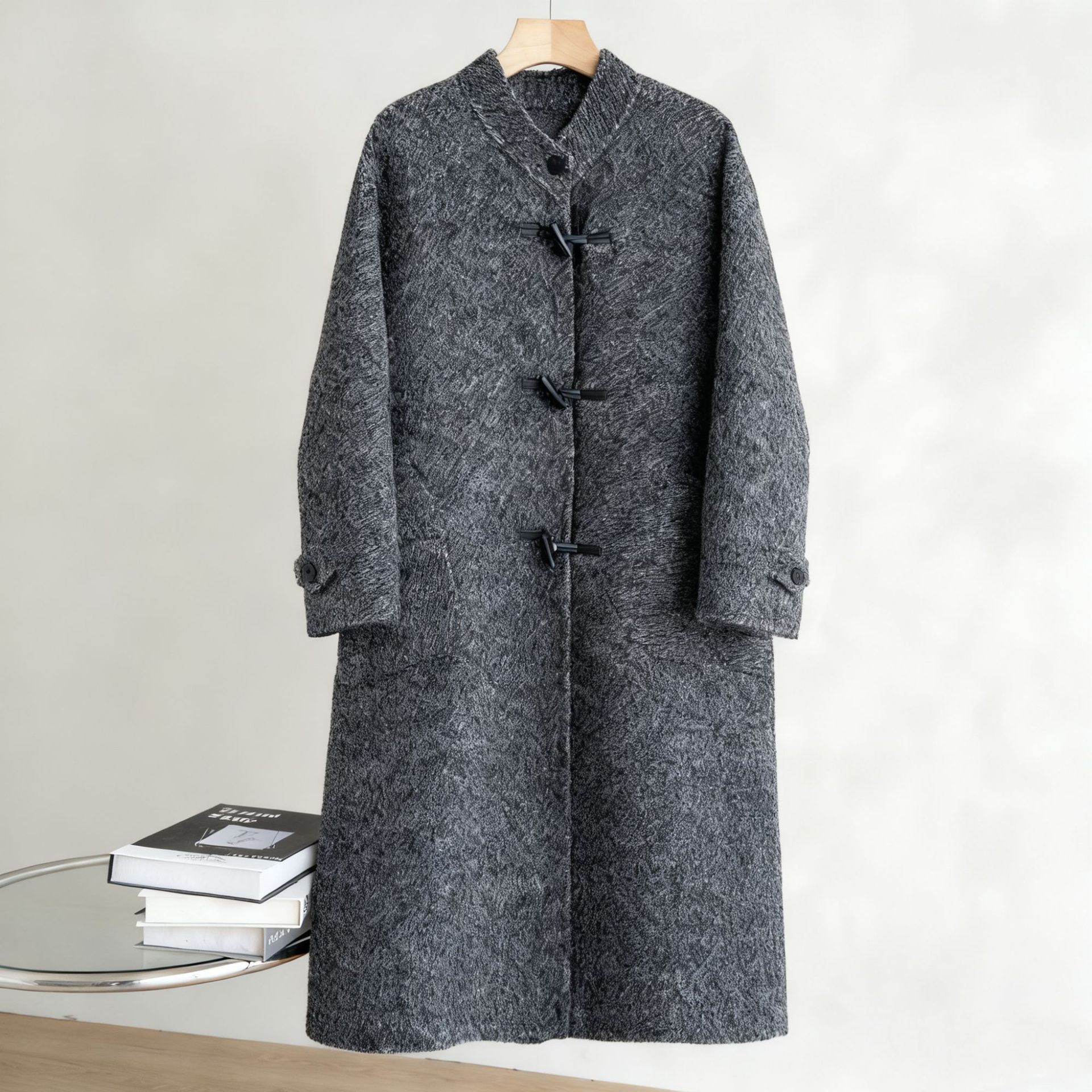 Endi Gray Loose-Fitting Alpaca Wool Coat with Horn Buttons for Women, Winter Stand-Collar Looped Woolen Coat