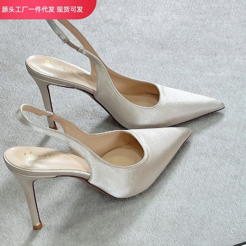 In-Stock 2025 New Nude Color Comfortable High Heels Pointed Toe Stiletto Closed-Back Strap Elegant Sandals