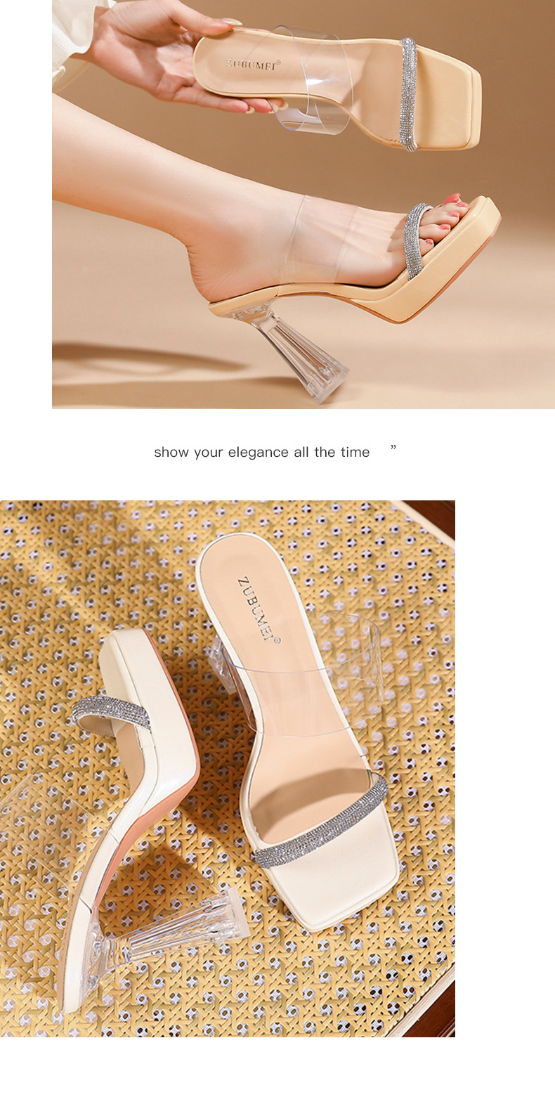 Sandal cao gót nữ quai một dây trong suốt, mũi vuông hở ngón, đế platform, gót 11 cm — Vàng nhạt-11cm chi tiết 8