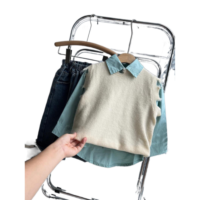 어린이 세트 가을 찢어진 스웨터 블루 셔츠 청바지 3 피스 세트  의 선생 원피스 소년 가을과 겨울