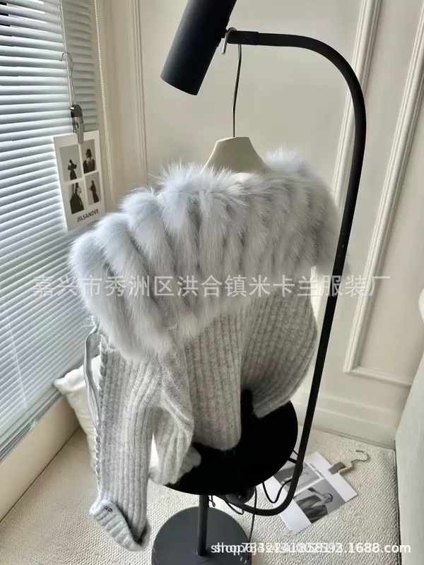 真狐狸毛四色批发新款百搭海军领翻袖手工穿绳皮草针织毛衣开衫女|undefined