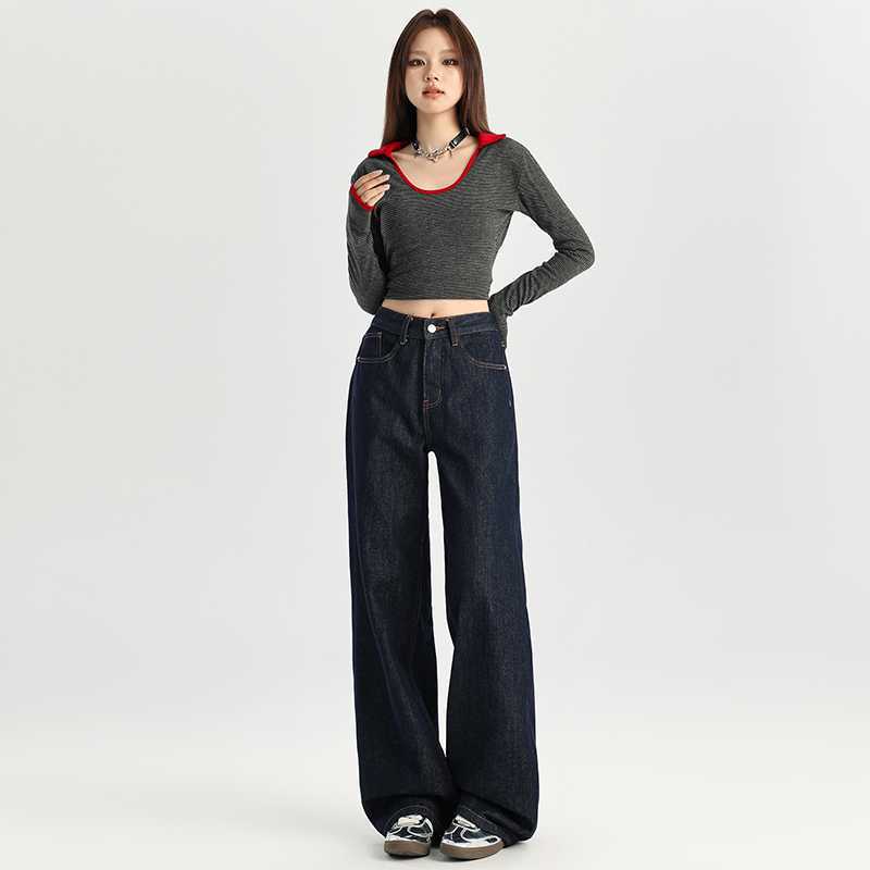 Dropshipping Wholesale Dark Blue American Loose Wide-Leg Jeans for Women in Autumn Draped Lazy Casual Floor-Length Straight Pants Dropshipping Wholesale Dark Blue American Loose Wide-Leg Jeans for Women in Autumn Draped Lazy Casual Floor-Length Straight Pants