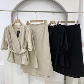 莱因 韩国代购 夏季新款V领短袖衬衫 不规则鱼尾半裙两件套 套装
