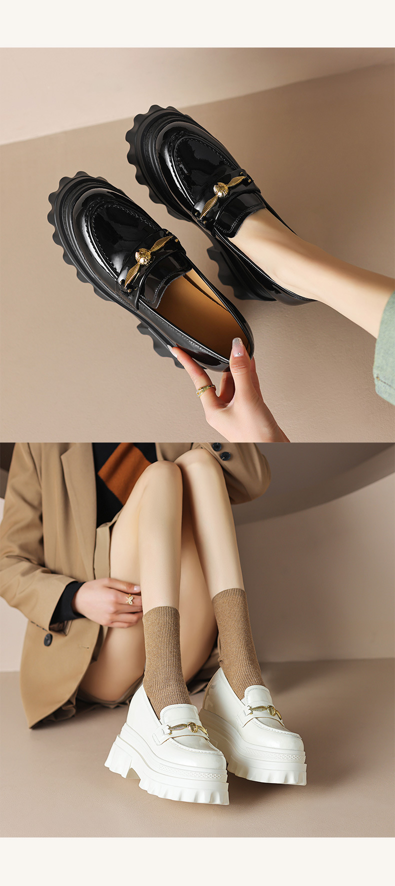 Giày loafer nữ đế xuồng cao gót 9 cm, mũi tròn, da bóng, tăng chiều cao — màu đen chi tiết 8