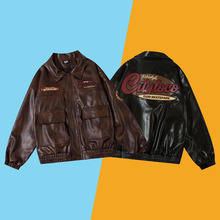 亮面工装皮衣美式复古字母刺绣PU夹克外套 Leathers Biker Jacket