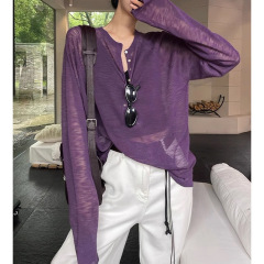 法式半开领长袖T恤女夏季薄款宽松慵懒风防晒罩衫高级感上衣紫色