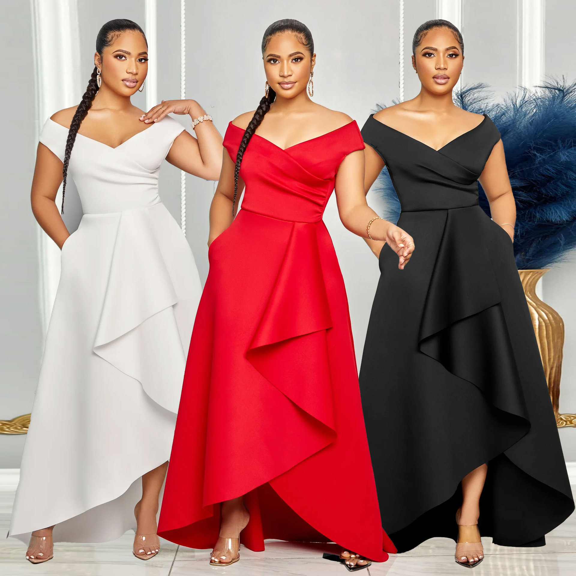 Women's Sexy Slim Fit One Shoulder Sleeveless Large Skirt Dress Solid Color_ecoleips.com