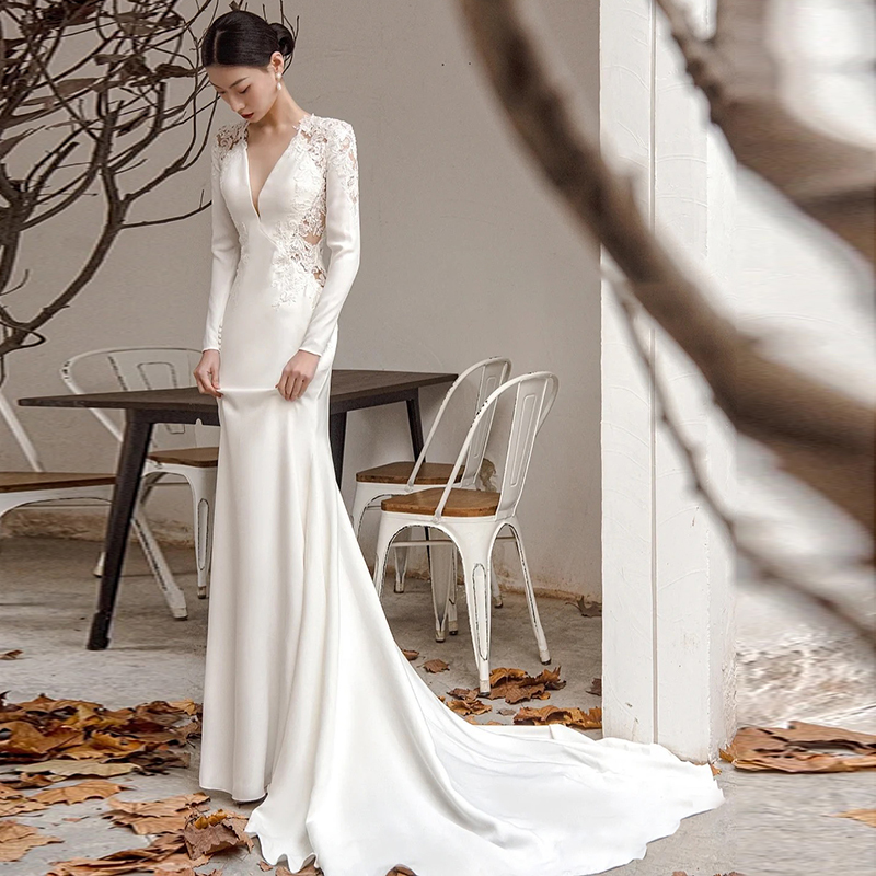 Mermaid lace light wedding dress with a high-end satin French-style design, slimming and retro, suitable for welcoming guests, with a train Mermaid lace light wedding dress with a high-end satin French-style design, slimming and retro, suitable for welcoming guests, with a train