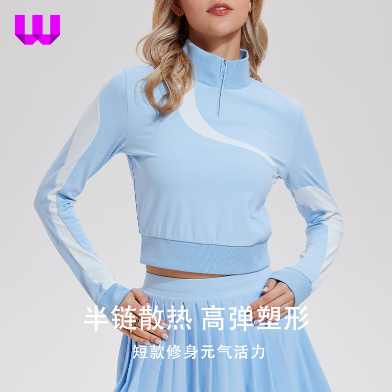 Contrast Color Stand-Up Collar Half-Zip Long-Sleeved Top Golf Jacket Quick-Drying Fitness Running Training Yoga Tennis Wear