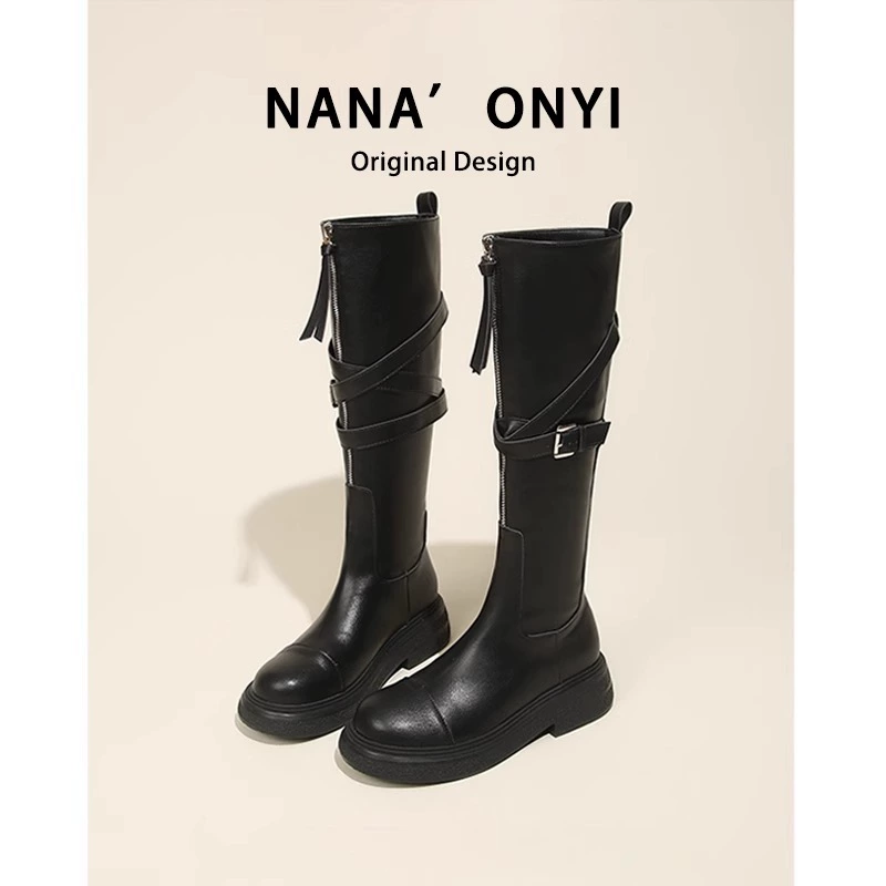 Коровья кожа версия ~ Майрад ветер ~ Черные сапоги женские сапоги рыцаря дети расширены осенью и зимой