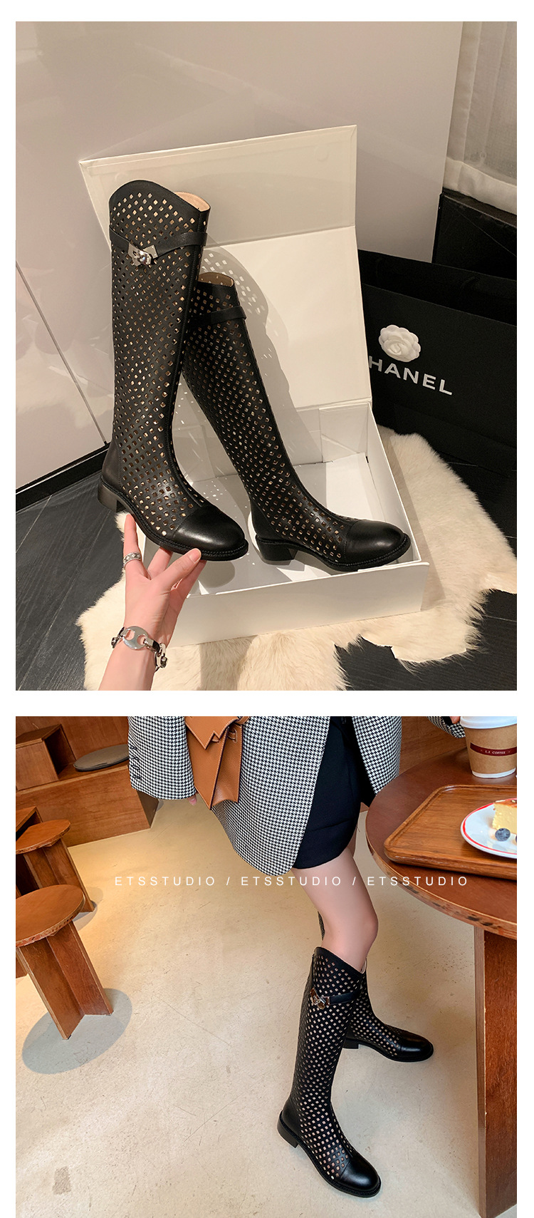 Boot nữ cổ cao lỗ rỗng dây thắt lưng khóa — Màu đen chi tiết 19