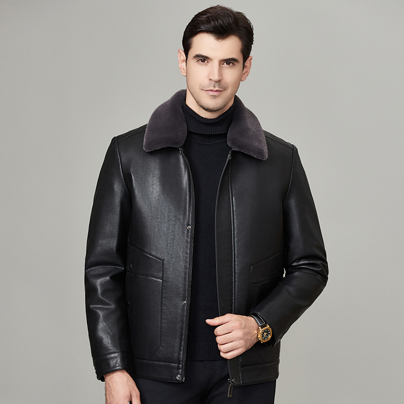2023 Haining middle-aged leather jacket sheepskin leather fur collar liner detachable winter dad casual leather jacket