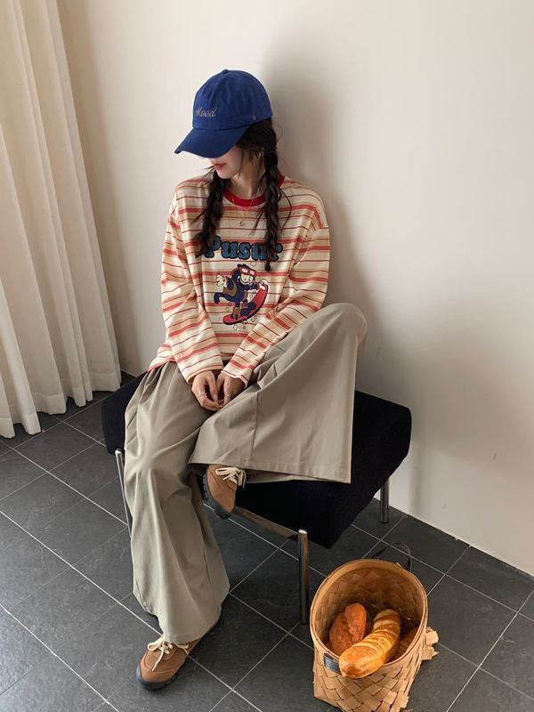 美式秋季街头潮撞色圆领卡通字母印花条纹T恤宽松显瘦长袖上衣ZG|undefined
