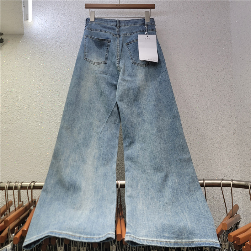 Pantalones Vaqueros Rectos con Bordado y Pedrería para Mujer Mezclilla Elástica Corte Recto Cintura Media