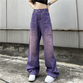 紫色长裤女2023新款秋季高腰韩版宽松显瘦拖地裤牛仔裤ins长裤子