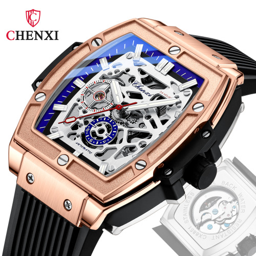 Dawn barrel square fully automatic mechanical watch high-end hollow transparent bottom silicone strap waterproof luminous men's watch
