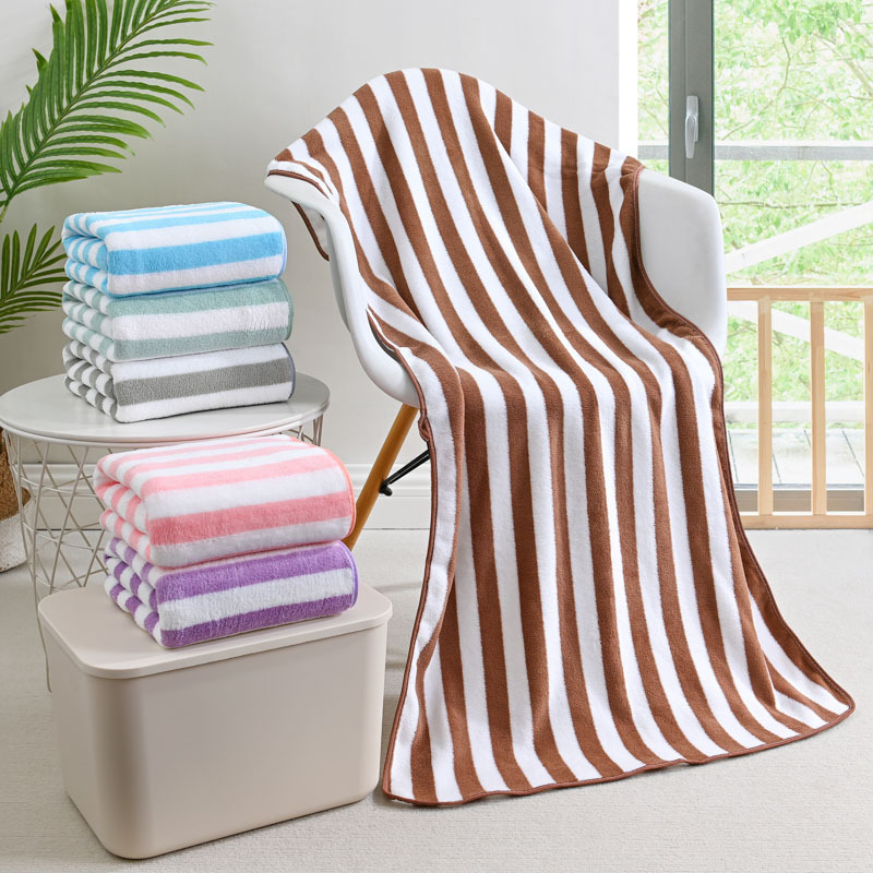 Knitted coral fleece wide-striped large towel wholesale edged bath towel set for children and adults, thick striped beach towel