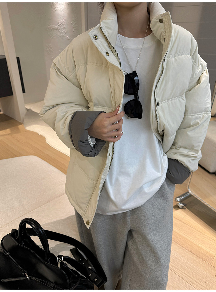 黎诺韩系休闲拼色白鸭绒羽绒服女2024冬季新款立领宽松面包服外套详情5
