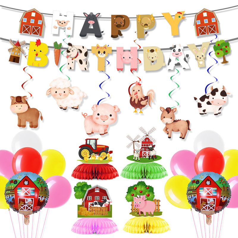 Farm Party Decoration Children's Birthday Ranch Animal Cow Pig Sheep Pull Flag Balloon Honeycomb Ornaments suit Wholesale