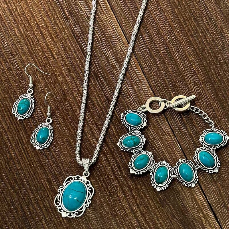 European and American New Style Turquoise Necklace, Earrings, Bohemian Retro Turquoise Bracelet, Cross-Border Ethnic Style Jewelry Set European and American New Style Turquoise Necklace, Earrings, Bohemian Retro Turquoise Bracelet, Cross-Border Ethnic Style Jewelry Set
