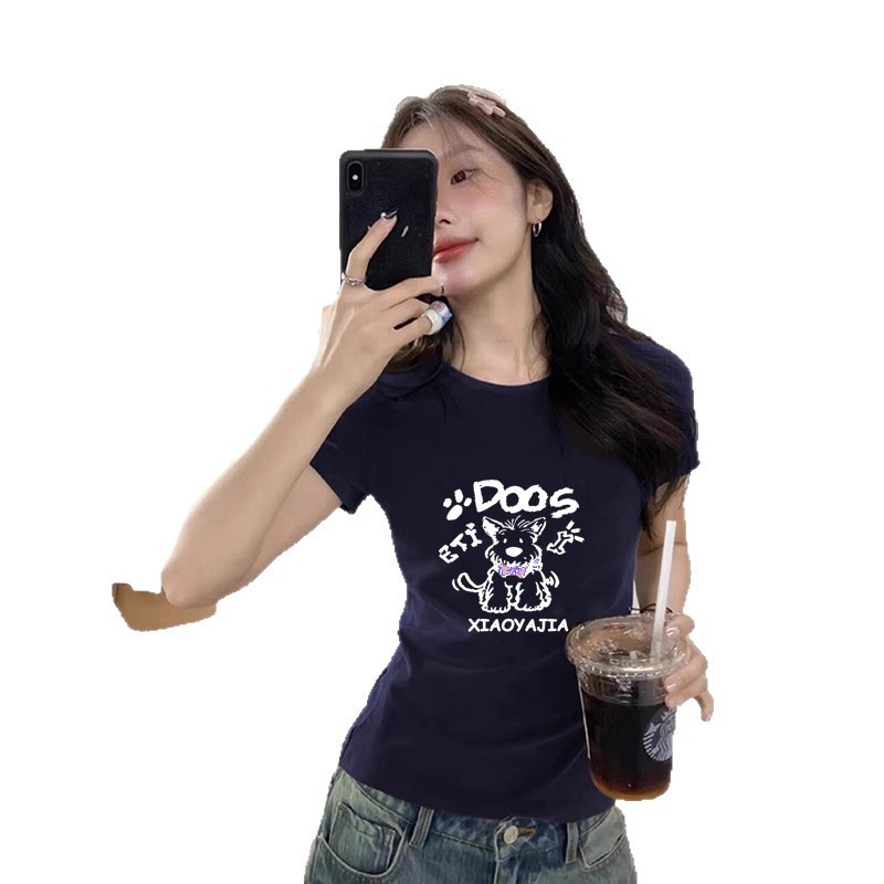 正肩短袖t恤女新款夏季穿搭美式慵懒chic辣妹修身短款藏蓝色上衣|undefined