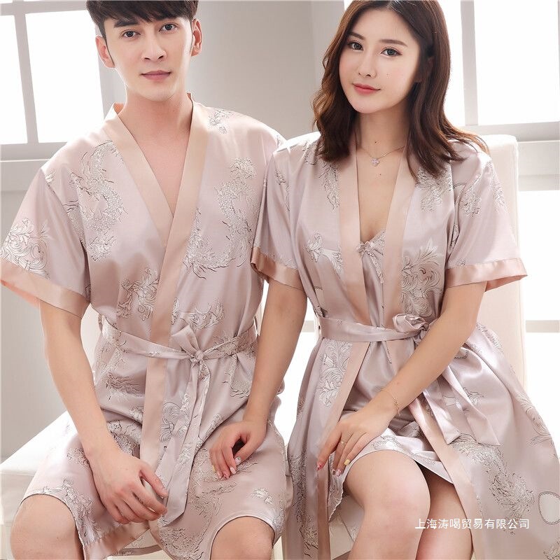 Couple's Silk Nightgown, Ice Silk, Spring, Autumn, Summer, Long-Sleeved, Thin, Silk, Sexy Short-Sleeved Bathrobe for Men and Women, Rayon Viscose, Spring