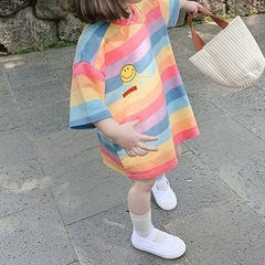 童裝夏季2023新款韓版女童條紋中長款短袖恤兒童連衣裙批發亞馬遜