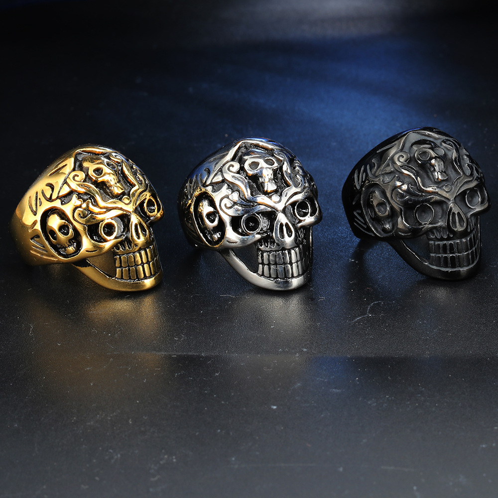 26g Weight Vacuum Plating Gold Plating Process Punk Skull Titanium Steel 18K Gold Plated Rhodium Plated Halloween Men'S Rings Punk Rings