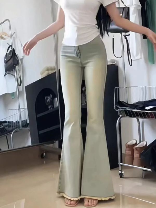美式复古鱼尾喇叭牛仔裤女春秋季新款高腰小个子修身显瘦长裤子潮|undefined