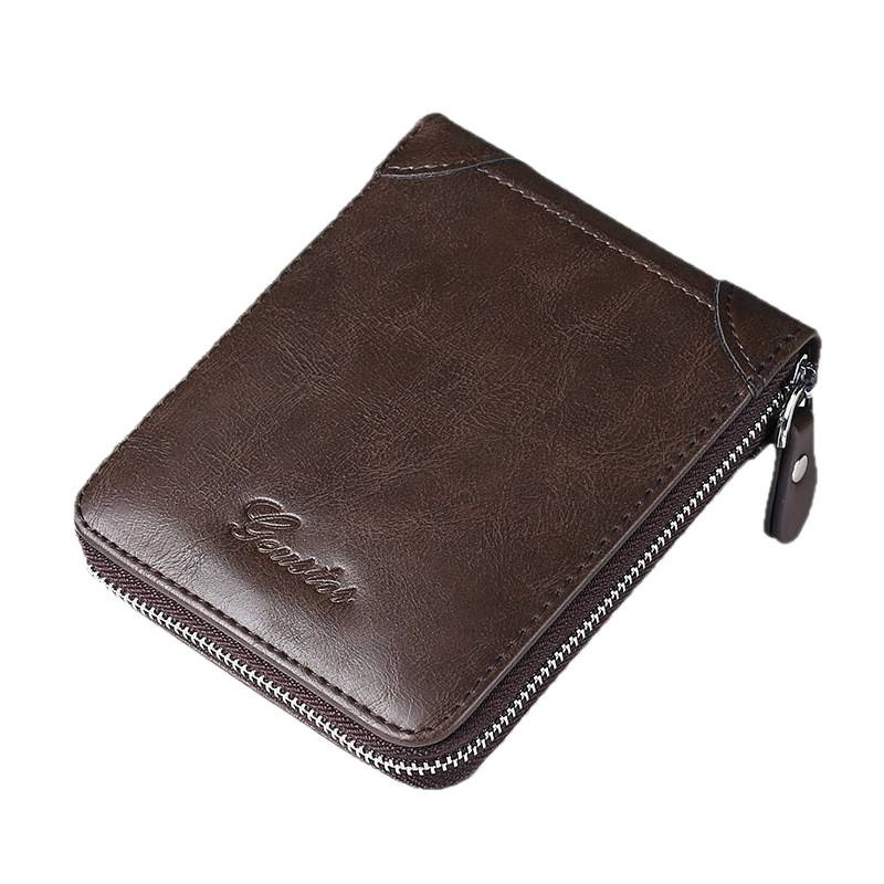Cartera de cuero corta multifuncional con cremallera de cuero de vaca de gran capacidad anti-robo cartera de tarjeta deslizante para hombres