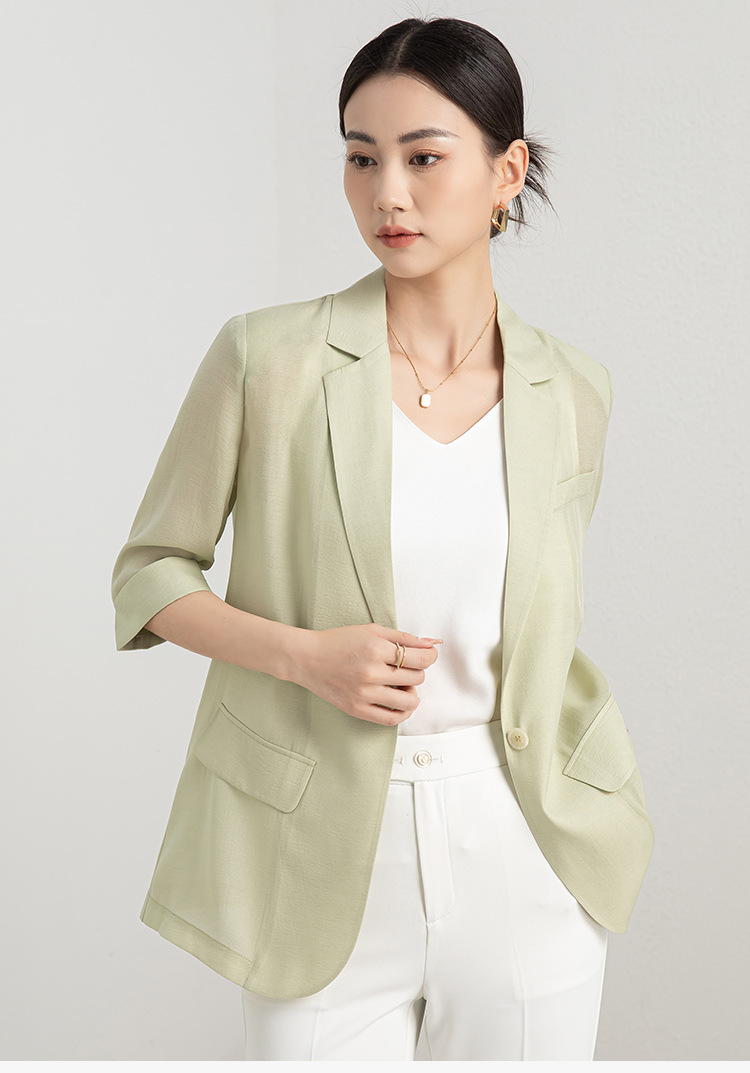 Áo blazer nữ mỏng mùa hè màu xanh lá cây dáng suông nhẹ — Màu Sâm panh chi tiết 1