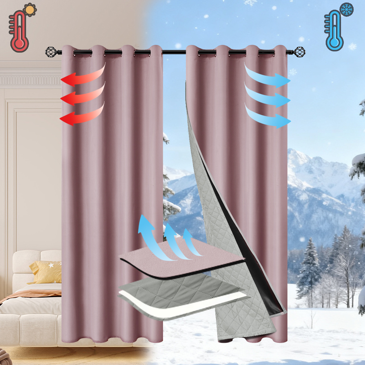 Amazon primavera textil de algodón totalmente sombreado desmontable 2 en 1 cortina de invierno calentamiento cortina de sala de estar a prueba de viento y frío