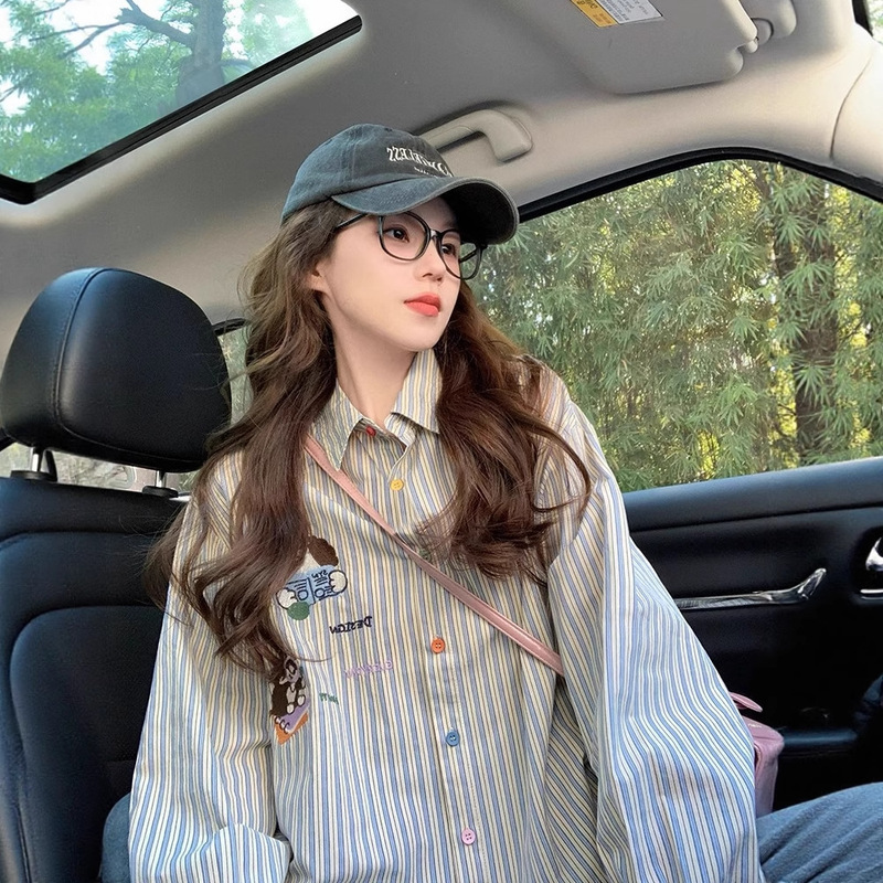 Hong Kong Style Retro Striped Shirt for Women Summer and Autumn New Cartoon Embroidery College Style Loose Niche Sun Protection Top Trendy