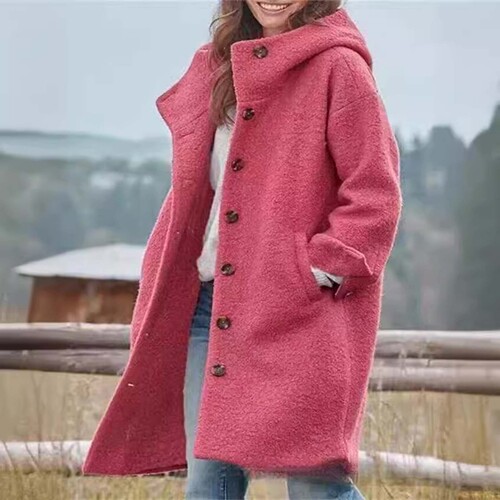 Amazon AliExpress 2025 cross-border European and American fashion women's woolen coat solid color hooded temperament long coat