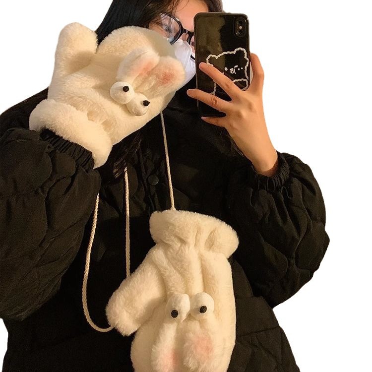 귀여운 토끼 봉제 장갑 여성의 겨울 따뜻한 기모 모피 학생 2023 새로운 사이클링 방풍 감기