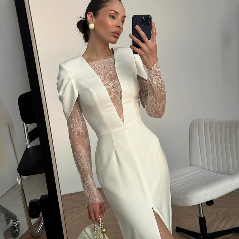 Cross-Border Foreign Trade European and American Style Fashion Mesh Hollow Sexy Lace Splicing Slimming Hot Girl Slit Dress