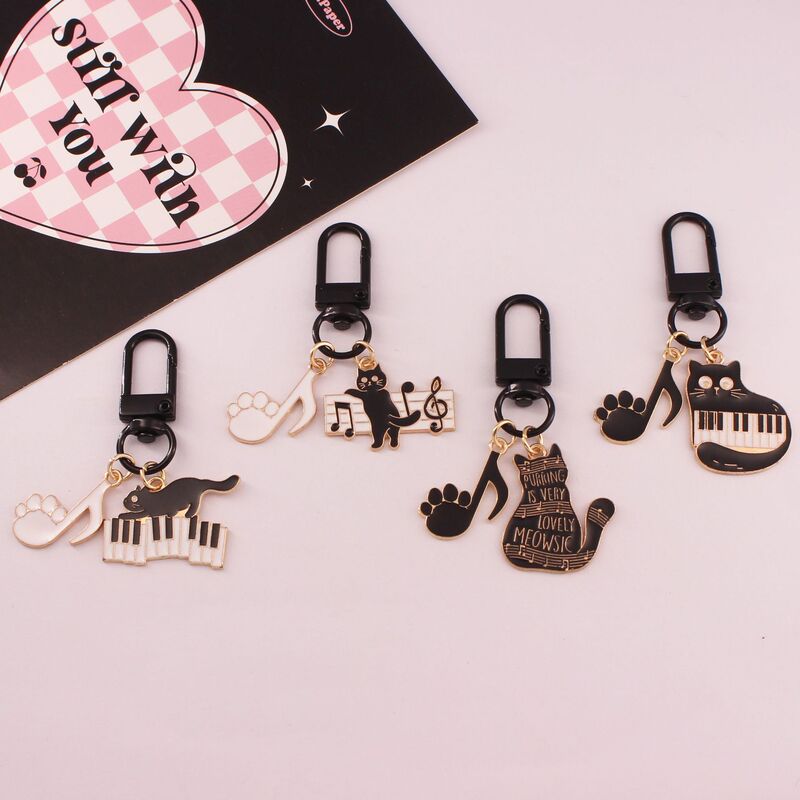 Cartoon Music Little Black Cat Piano Notes Metal Keychain Cute Kitty Personality Men's and Women's Bag Accessories Cartoon Music Little Black Cat Piano Notes Metal Keychain Cute Kitty Personality Men's and Women's Bag Accessories