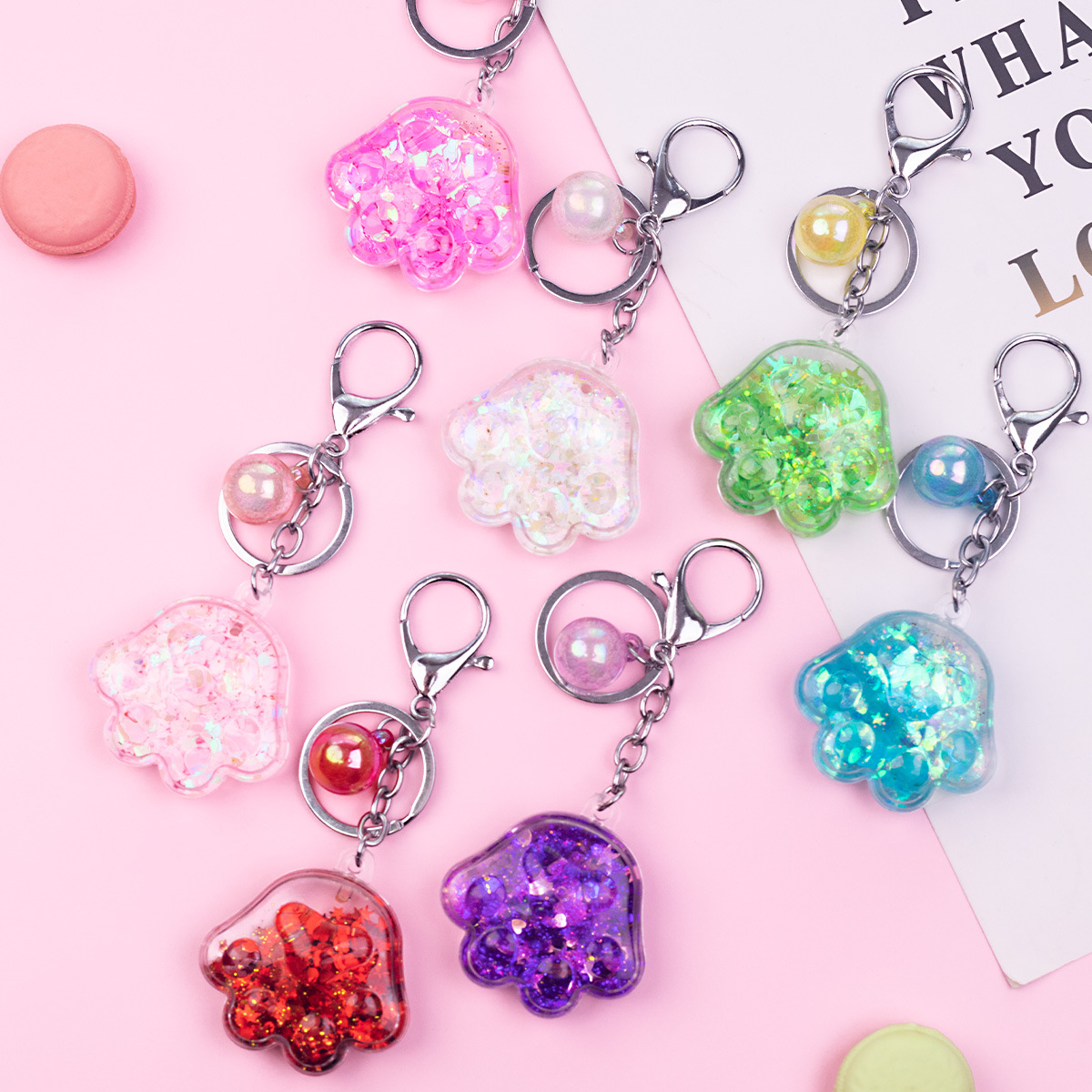 Porte-clés en forme de patte de chat en acrylique rose, mignon, dessin animé, exquis, pendentif en sable liquide pour fille, décoration de sac à dos_voghion.com