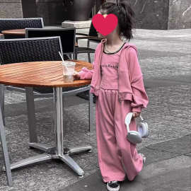 2024秋季纯色女孩时尚百搭秋季套装中大童休闲卫衣外套长裤三件套