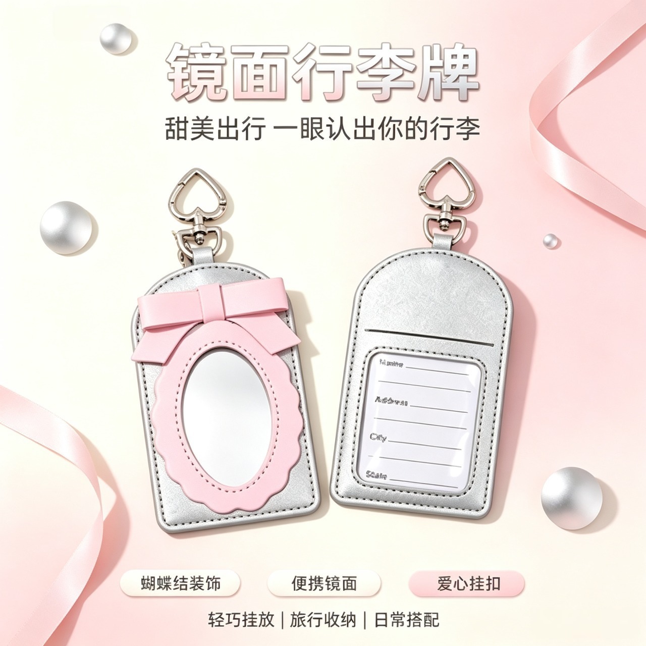 现货蝴蝶结镜子行李牌 甜酷少女包挂件 行李箱挂牌挂饰防丢标识牌