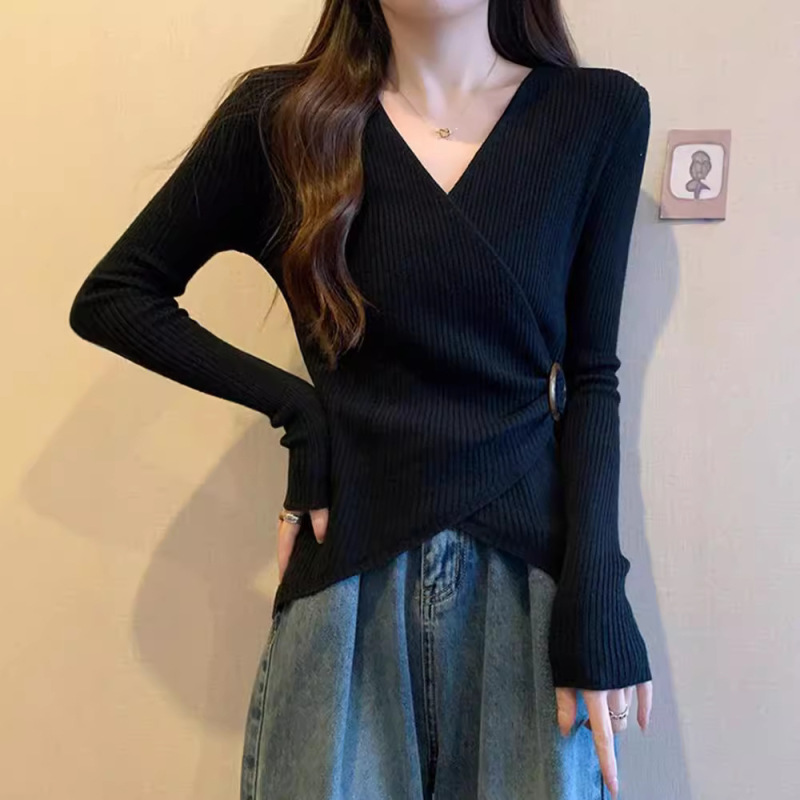 小香風Vネックリブ編みインナーシャツTシャツレディース春秋新作ゆったり着痩せ大きいサイズ純欲系トップス女性用|undefined
