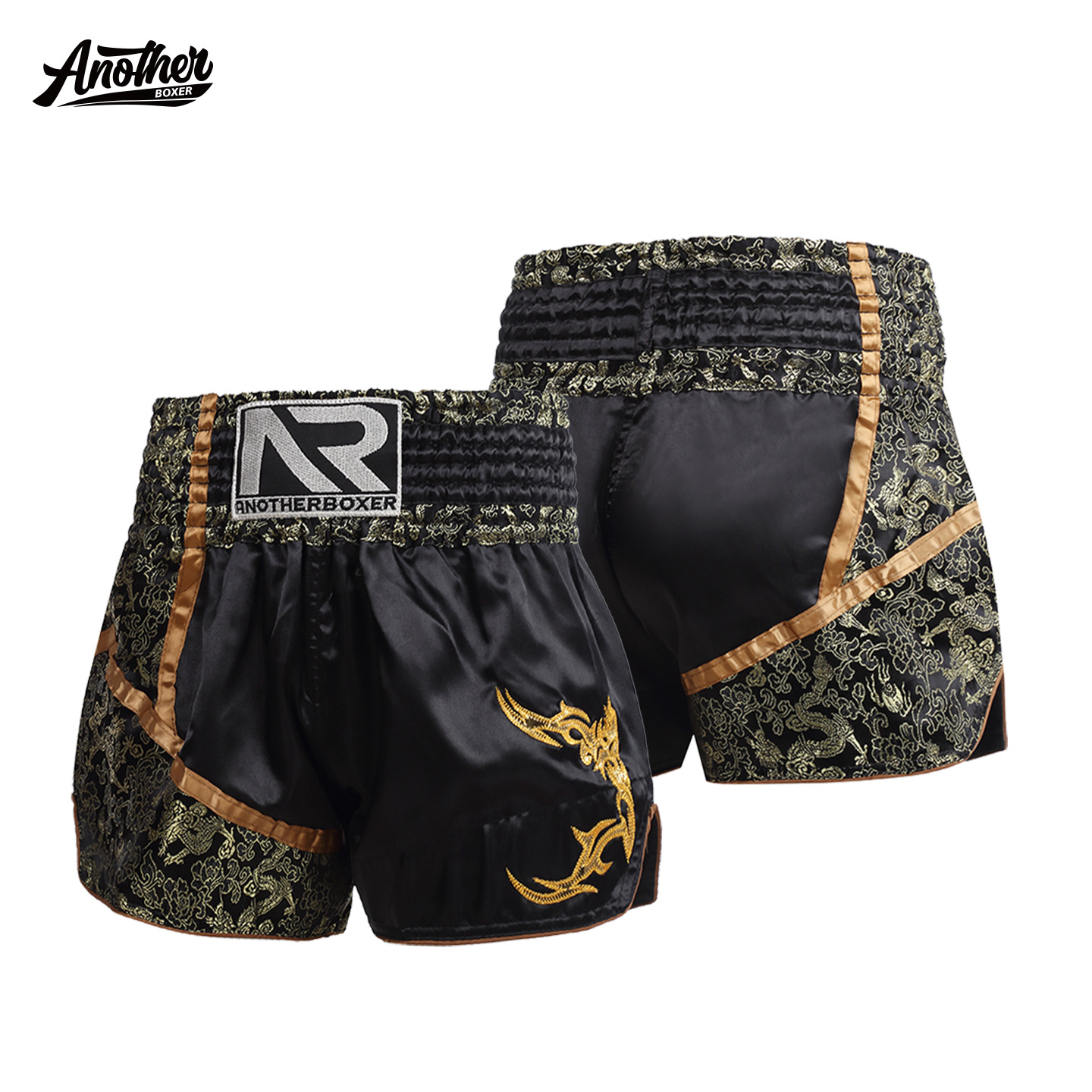 ANOTHERBOXER gold and black Muay Thai pants, adult and children sizes, leather embroidery, mixed martial arts shorts